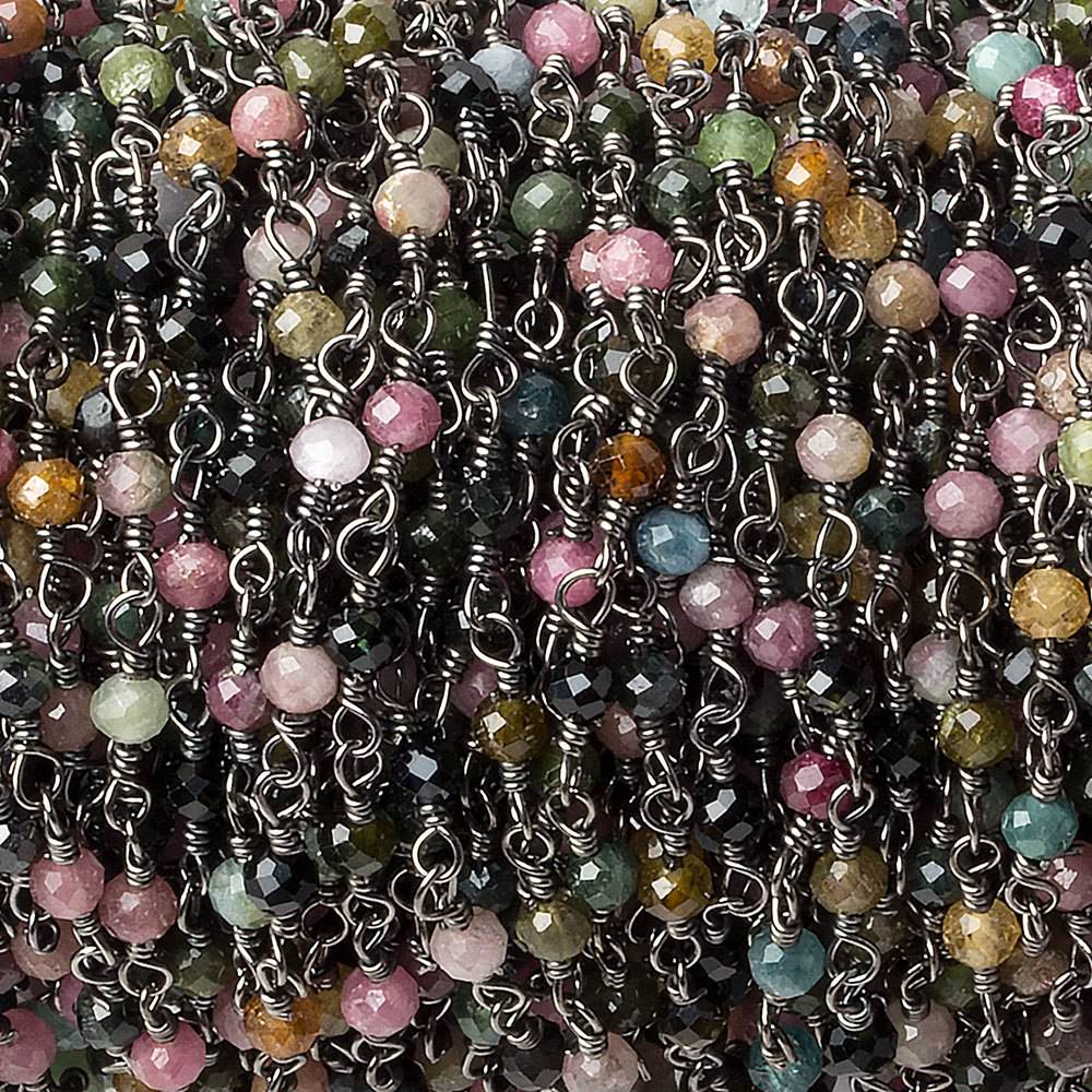 Multi Color Tourmaline micro-faceted rondelle Black Gold plated Chain by the foot 40 beads - Beadsofcambay.com