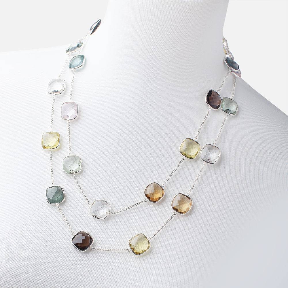 Multi Gemstone Faceted Cushion .925 Silver Bezel Chain Necklace AAA - Beadsofcambay.com