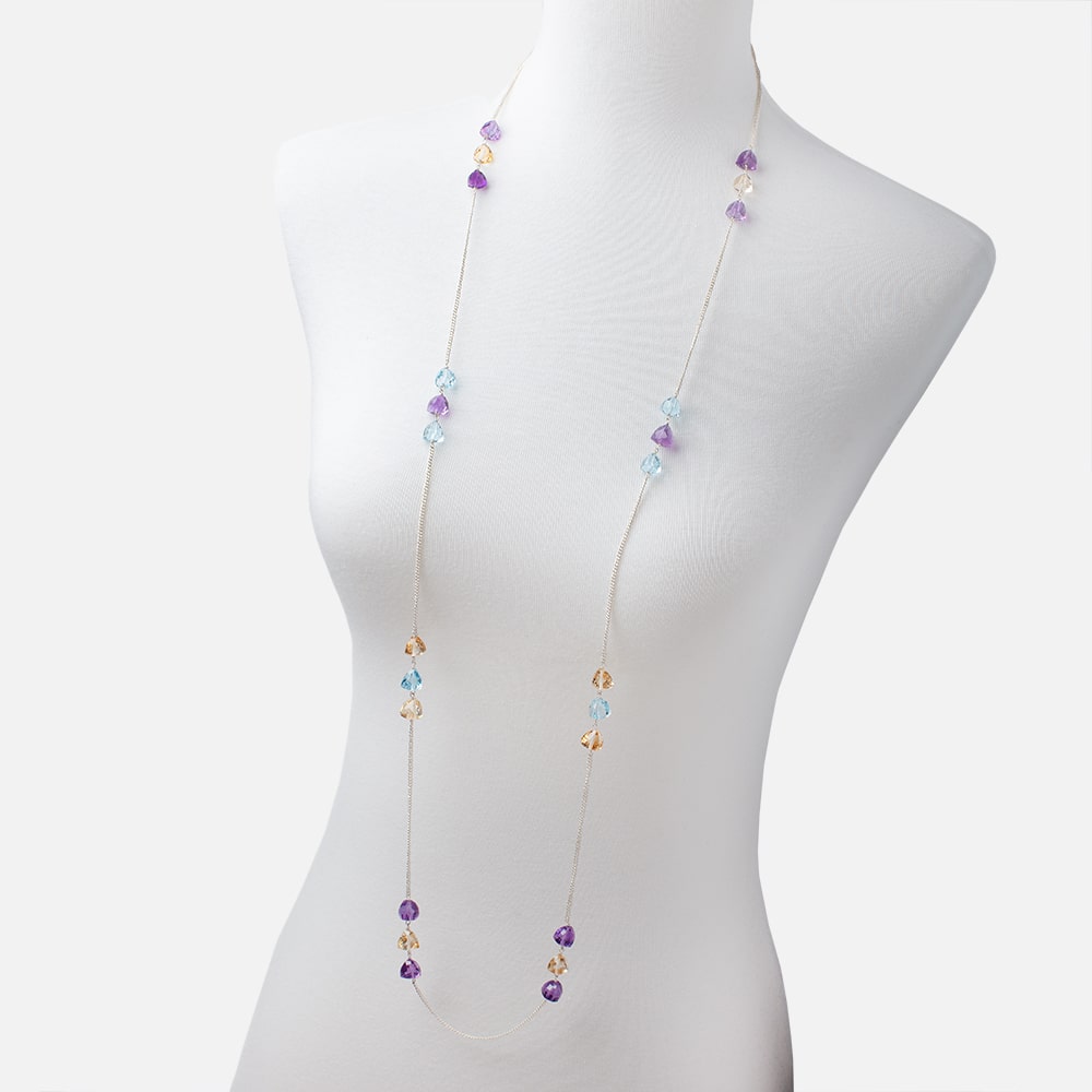 Multi Gemstone Faceted Trillion .925 Silver Chain Necklace AAA - Beadsofcambay.com