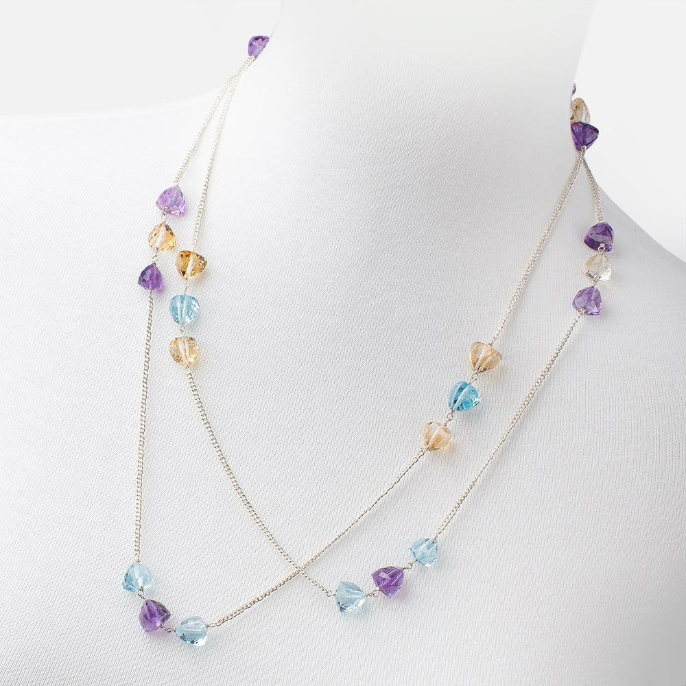 Multi Gemstone Faceted Trillion .925 Silver Chain Necklace AAA - Beadsofcambay.com