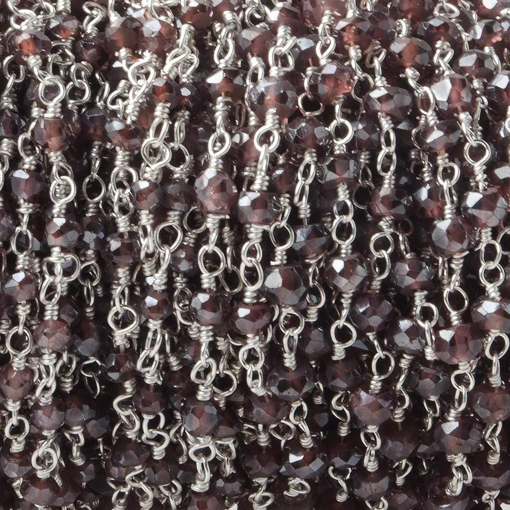 Mystic Rhodolite Garnet faceted rondelles on Silver plated Chain by the foot - Beadsofcambay.com