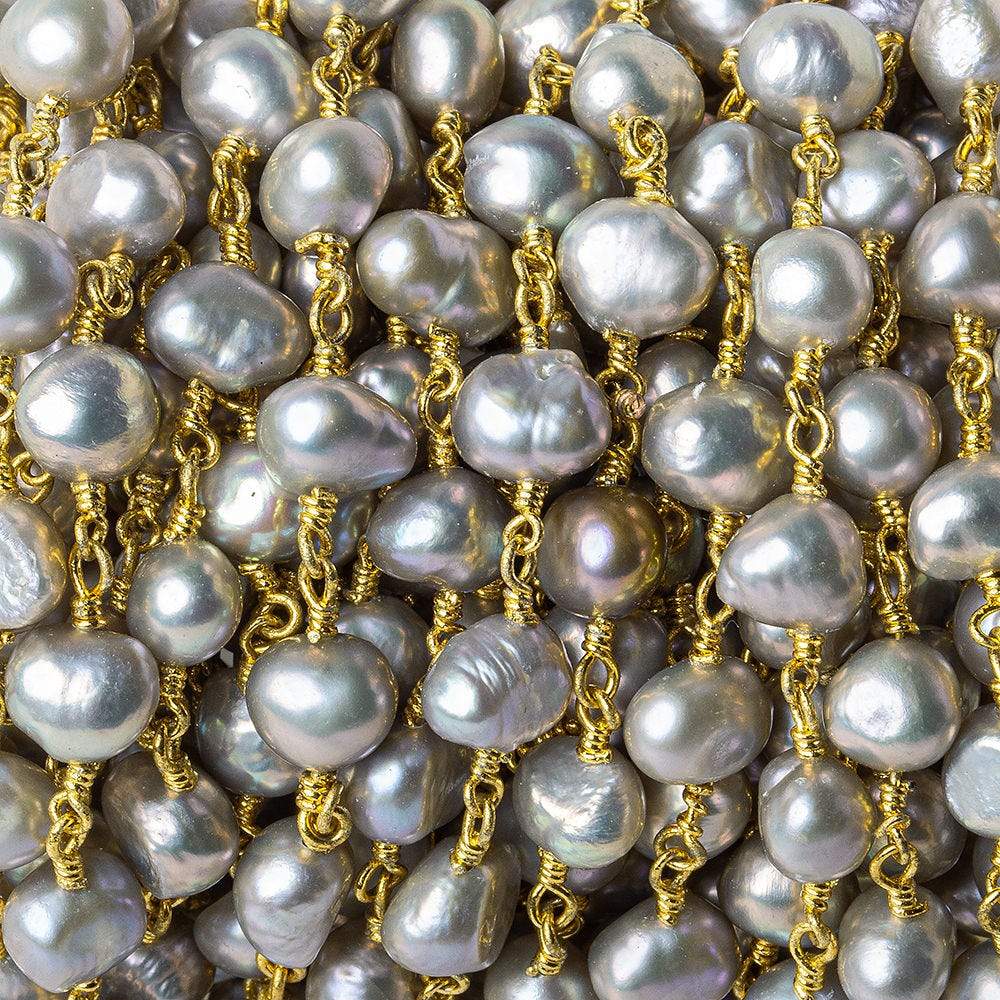 Rose' Silver side drilled Baroque Pearl Gold plated Chain by the foot 24 beads per - Beadsofcambay.com