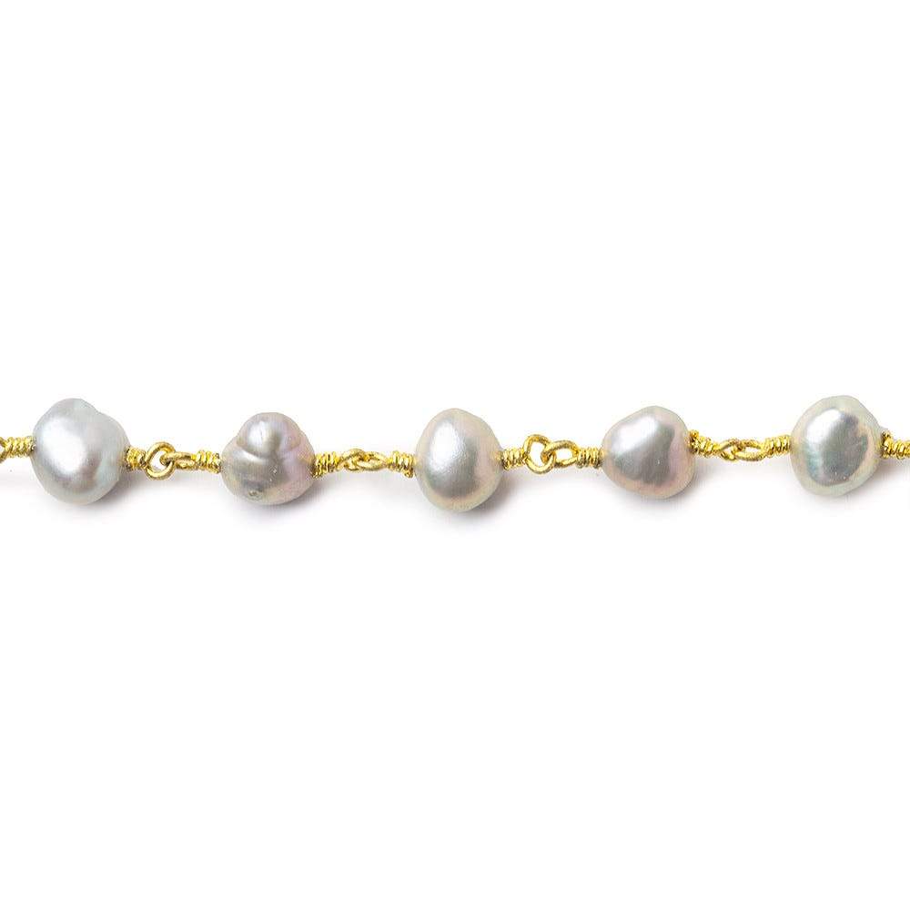 Rose' Silver side drilled Baroque Pearl Gold plated Chain by the foot 24 beads per - Beadsofcambay.com