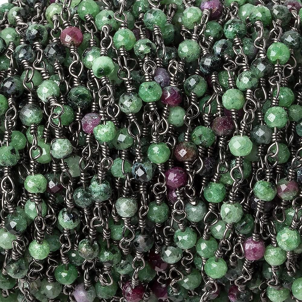 Ruby in Zoisite micro-faceted rondelle Black Gold plated Chain by the foot 40 beads - Beadsofcambay.com