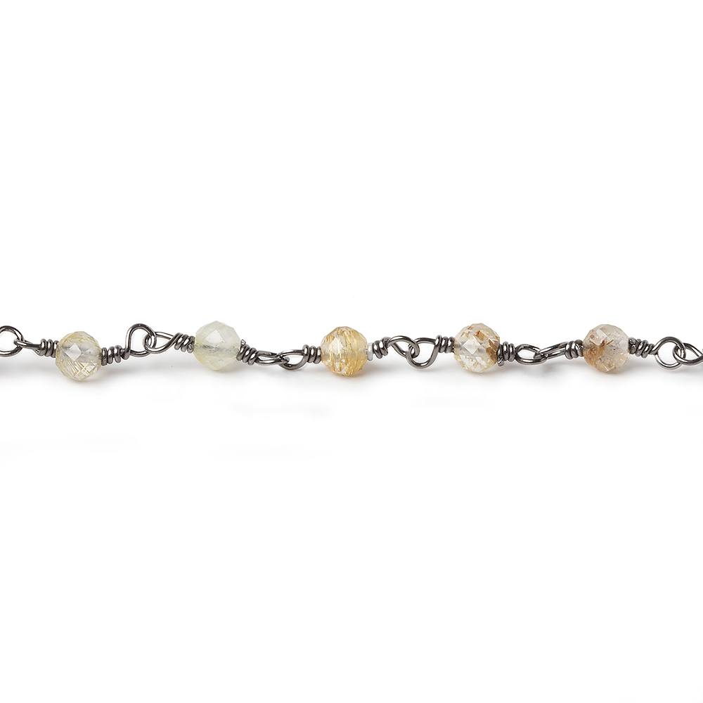 Rutilated Quartz micro-faceted rondelle Black Gold plated Chain by the foot 40 beads - Beadsofcambay.com