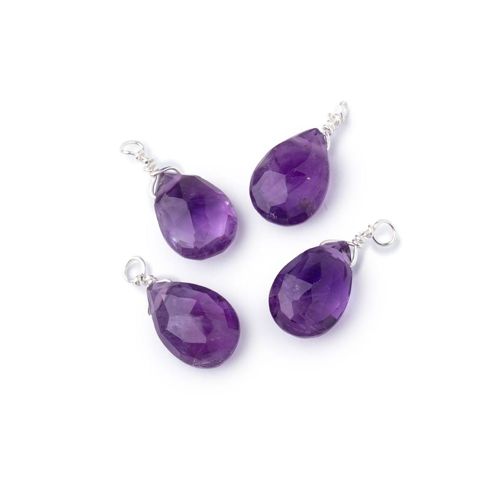 Set of 4 Silver Wire Wrapped 9x6mm Amethyst Faceted Pear Focals - Beadsofcambay.com