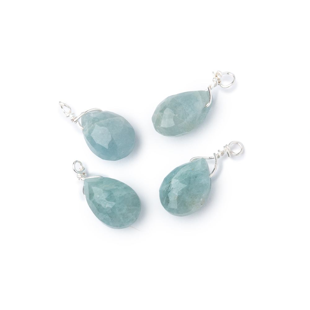 Set of 4 Silver Wire Wrapped 9x6mm Aquamarine Faceted Pear Focals - Beadsofcambay.com