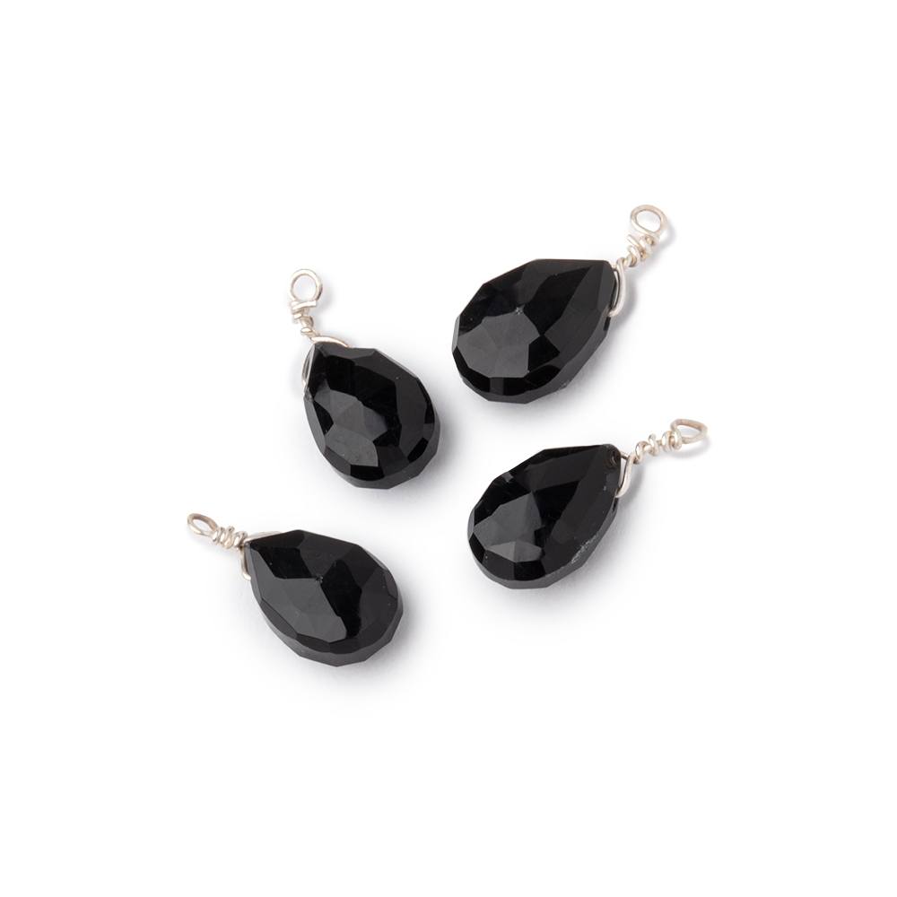 Set of 4 Silver Wire Wrapped 9x6mm Black Chalcedony Faceted Pear Focals - Beadsofcambay.com
