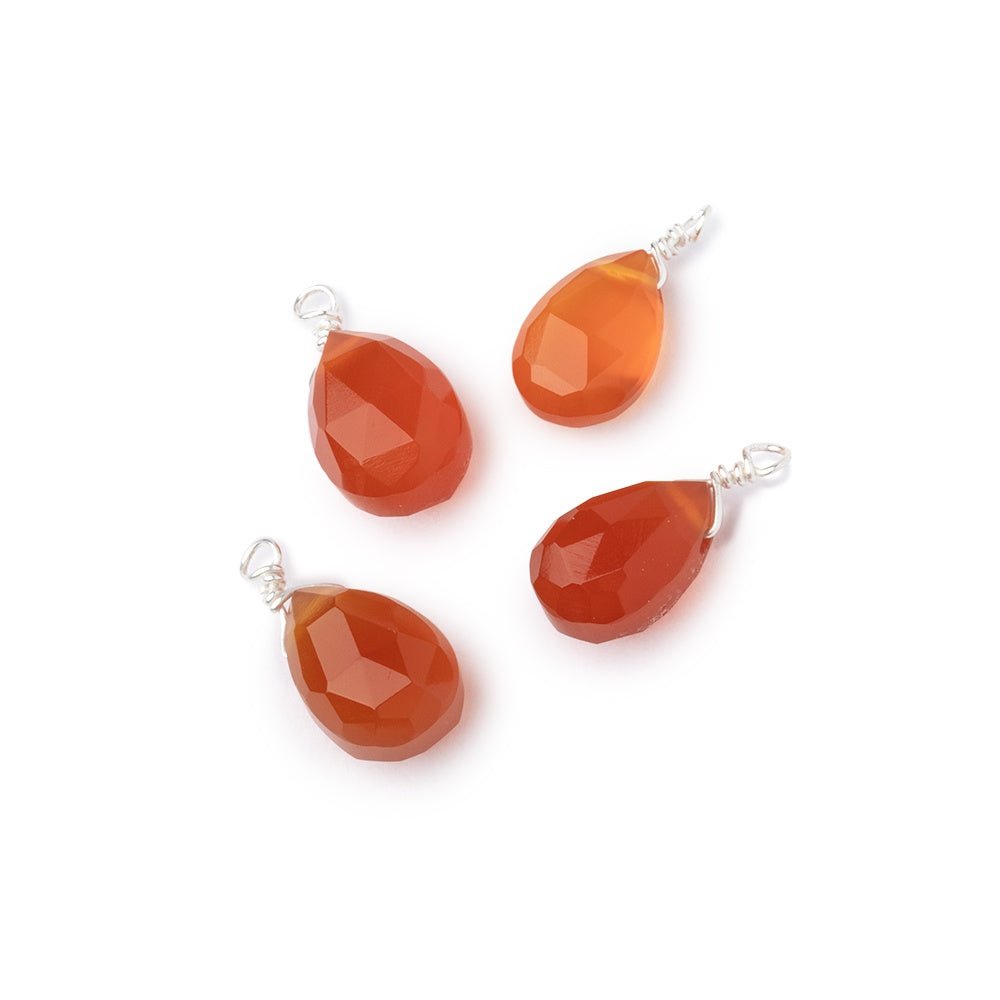 Set of 4 Silver Wire Wrapped 9x6mm Carnelian Faceted Pear Focals - Beadsofcambay.com