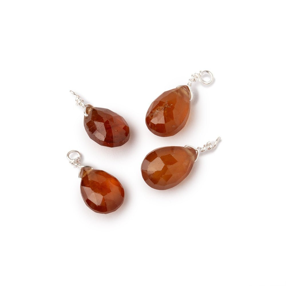 Set of 4 Silver Wire Wrapped 9x6mm Hessonite Garnet Faceted Pear Focals - Beadsofcambay.com