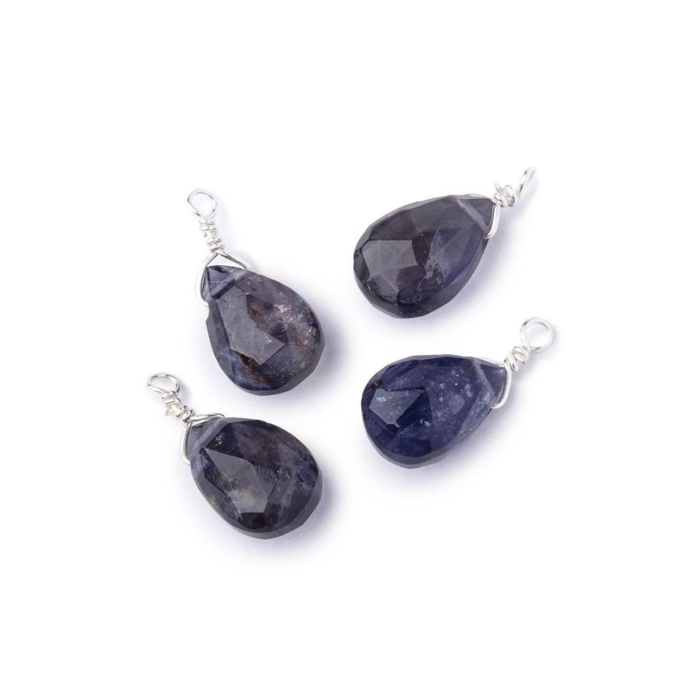 Set of 4 Silver Wire Wrapped 9x6mm Iolite Faceted Pear Focals - Beadsofcambay.com