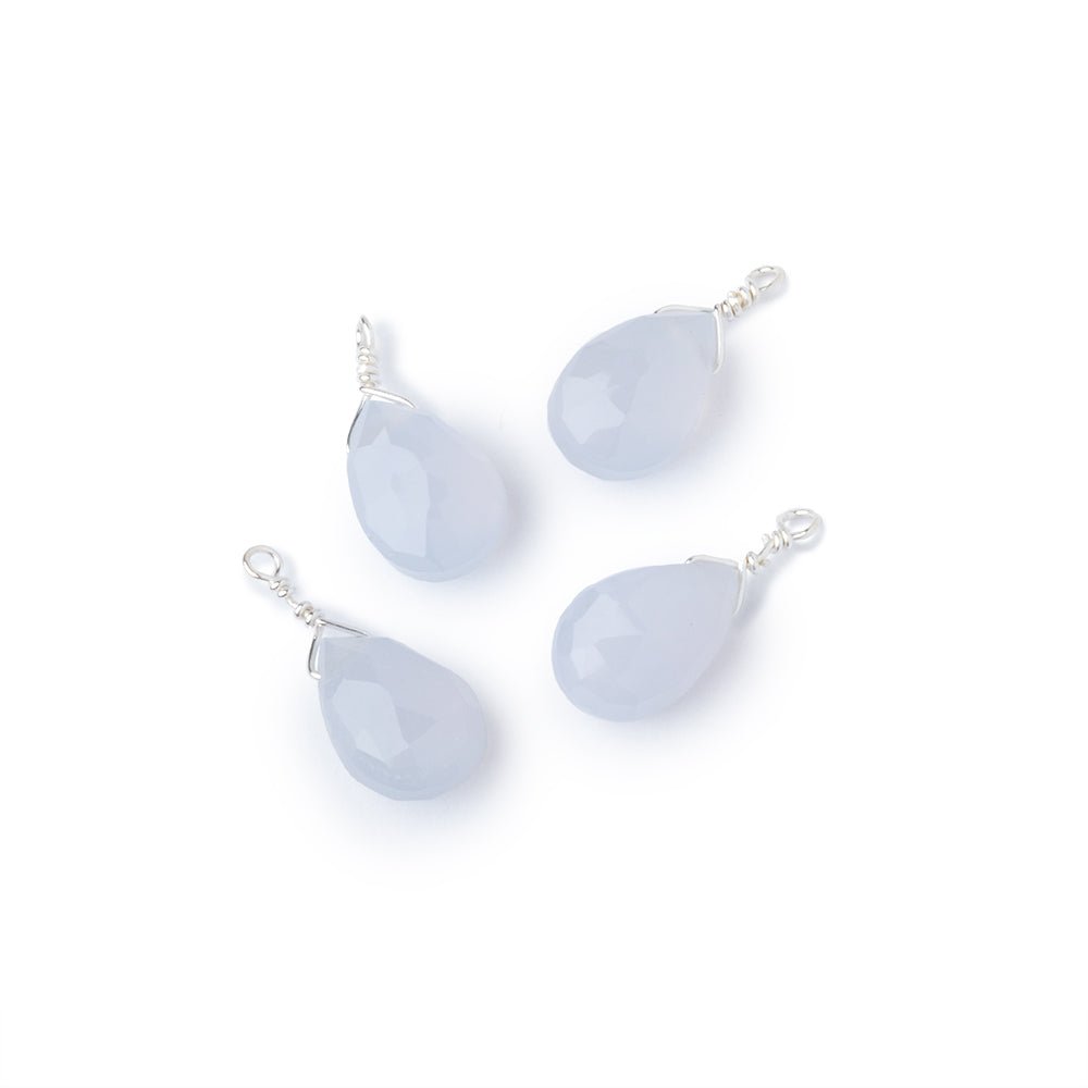 Set of 4 Silver Wire Wrapped 9x6mm Natural Chalcedony Faceted Pear Focals - Beadsofcambay.com