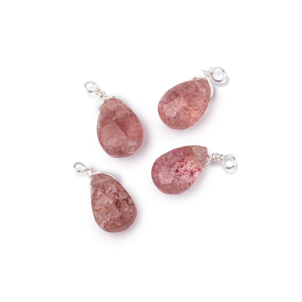 Set of 4 Silver Wire Wrapped 9x6mm Strawberry Quartz Faceted Pear Focals - Beadsofcambay.com