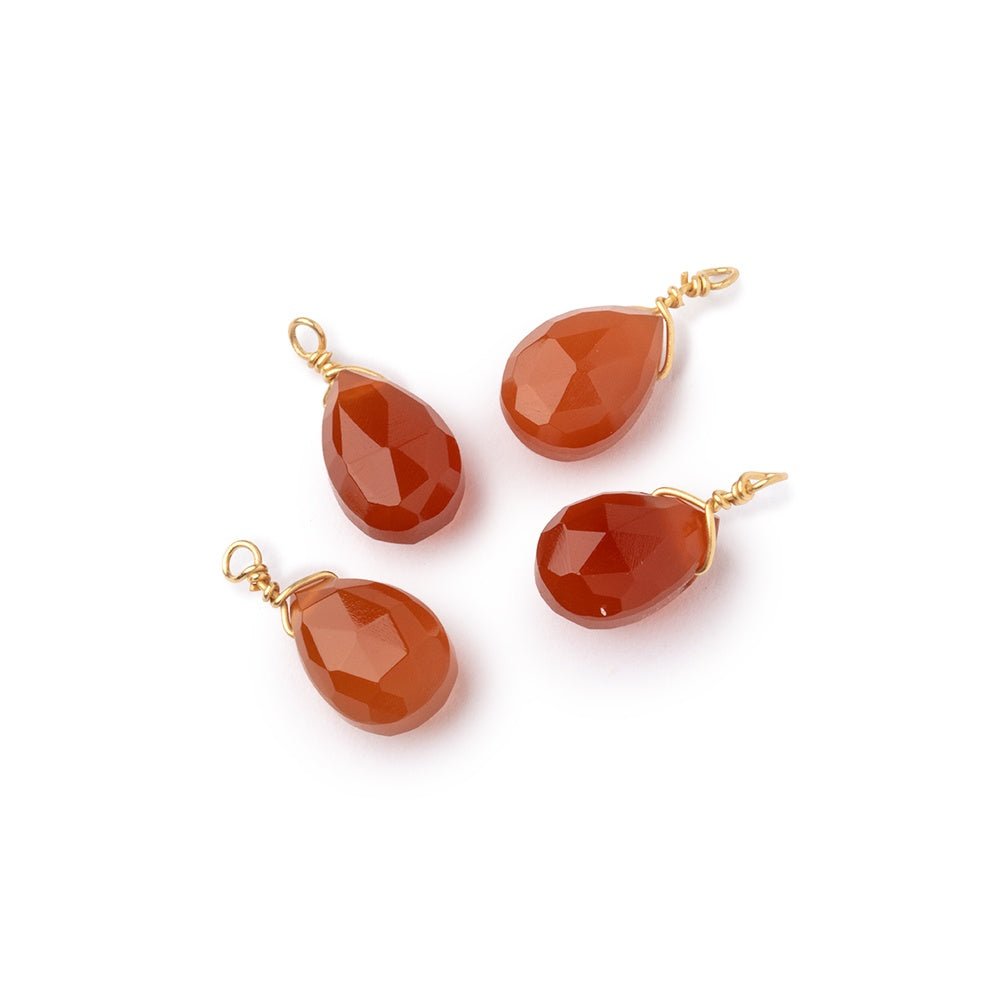 Set of 4 Vermeil Wire Wrapped 9x6mm Carnelian Faceted Pear Focals - Beadsofcambay.com