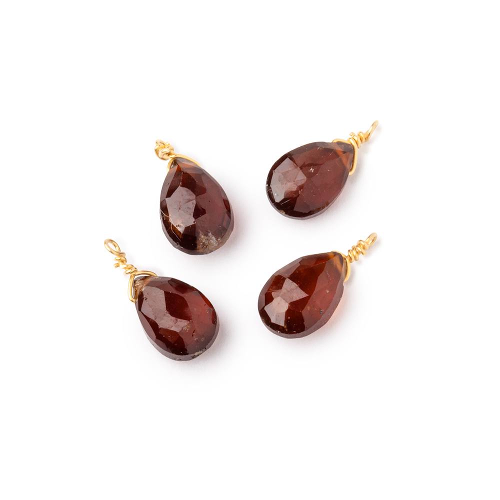 Set of 4 Vermeil Wire Wrapped 9x6mm Hessonite Garnet Faceted Pear Focals - Beadsofcambay.com