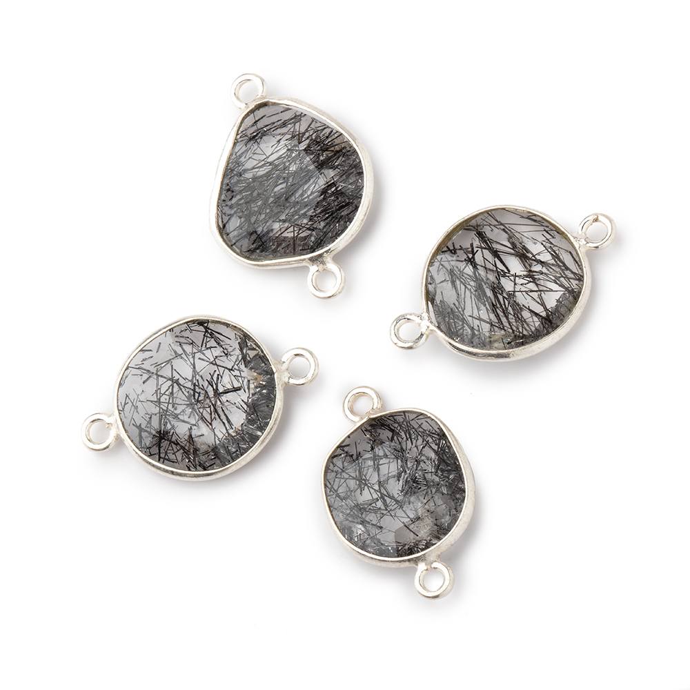 Silver .925 Bezeled Tourmalinated Quartz Faceted Nugget Connectors Set of 4 Pieces - Beadsofcambay.com