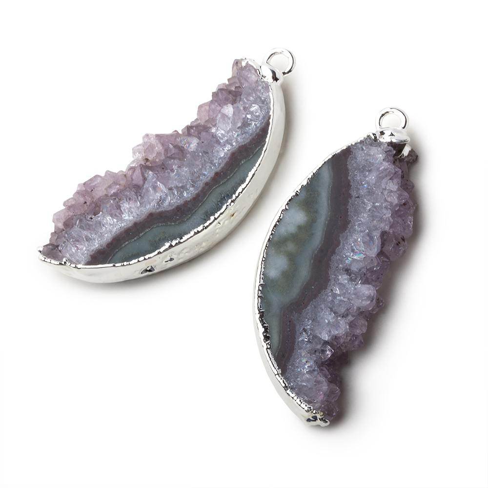 Silver Leafed Amethyst & Matrix Half Moon Drusy Pendant Set of 2 pieces 35x14x6mm A Grade - Beadsofcambay.com