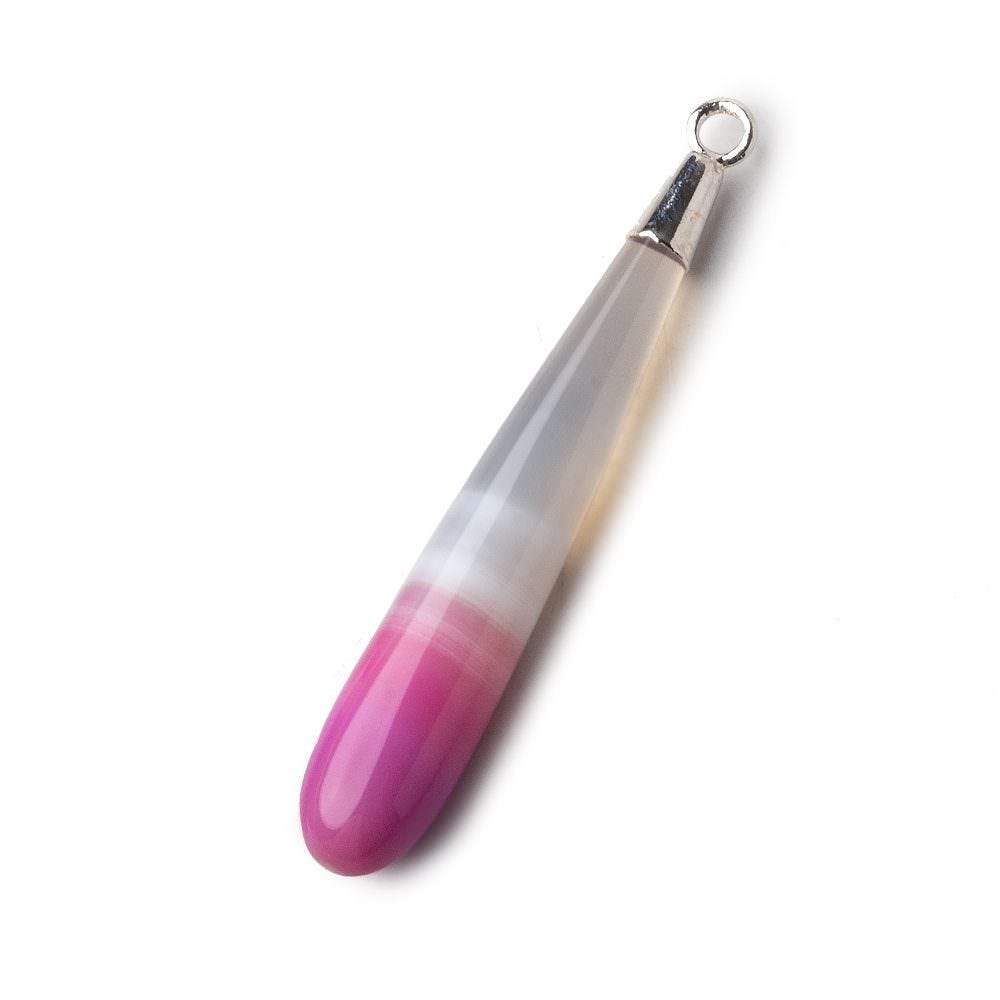 Silver Leafed Hot Pink Banded Agate tear drop Pendant 1 focal bead 40x7mm - Beadsofcambay.com