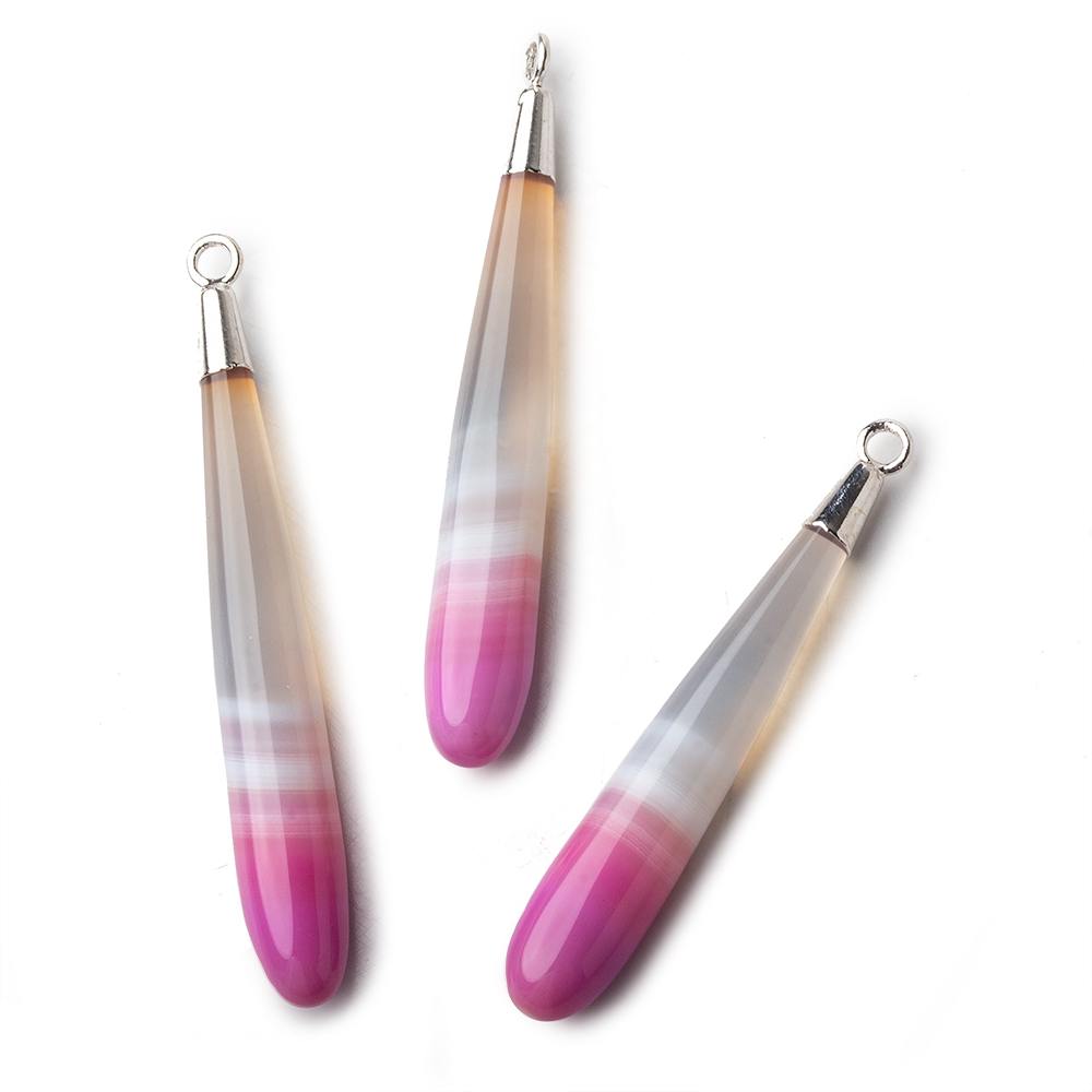 Silver Leafed Hot Pink Banded Agate tear drop Pendant 1 focal bead 40x7mm - Beadsofcambay.com