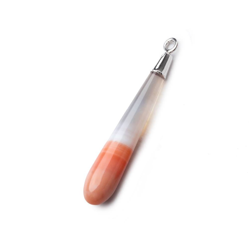 Silver Leafed Salmon Orange Banded Agate tear drop Pendant 1 focal bead 35x6mm - Beadsofcambay.com