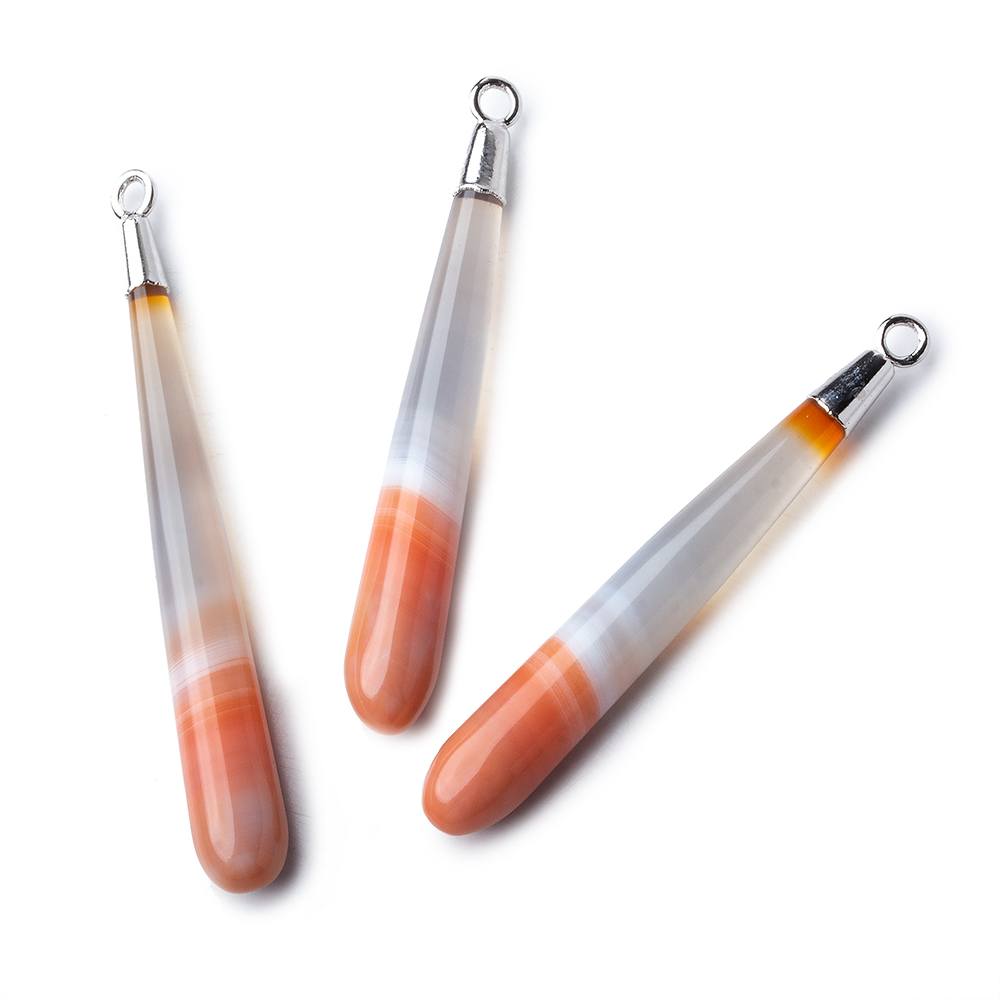 Silver Leafed Salmon Orange Banded Agate tear drop Pendant 1 focal bead 40x7mm - Beadsofcambay.com