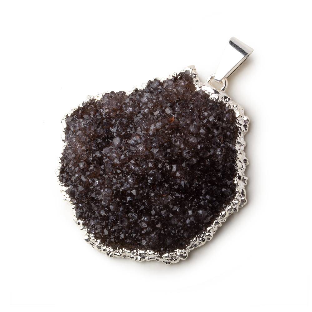 Silver Leafed Smoke Grey Convex Drusy Pendant with Bail 1 focal bead 35x34x10mm A Grade - Beadsofcambay.com