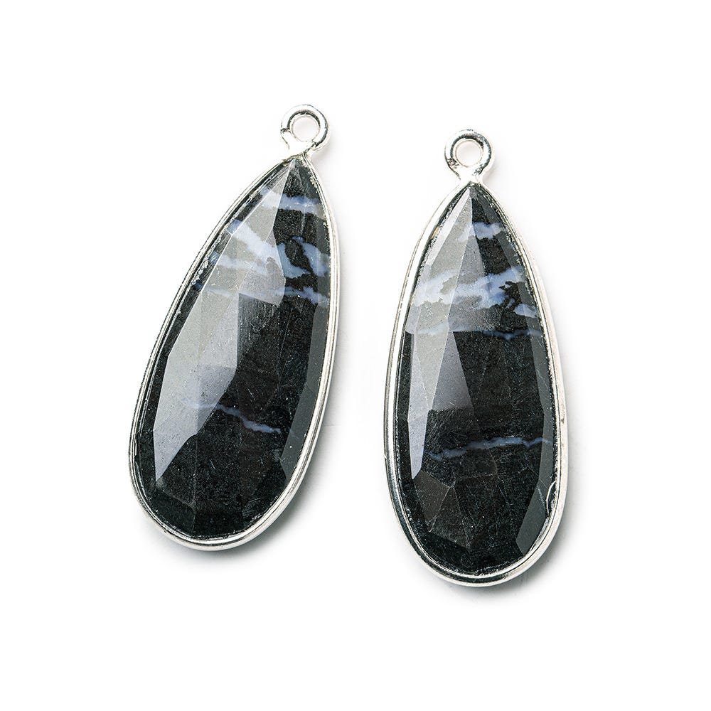 Sterling Silver Bezel Banded Onyx Elongated Faceted Pear Set of 2 Pendants 28x13mm - Beadsofcambay.com