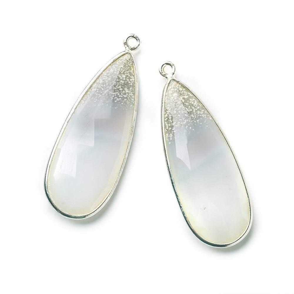 Sterling Silver Bezel Banded White Agate Elongated Faceted Pear Set of 2 Pendants 36x15mm - Beadsofcambay.com
