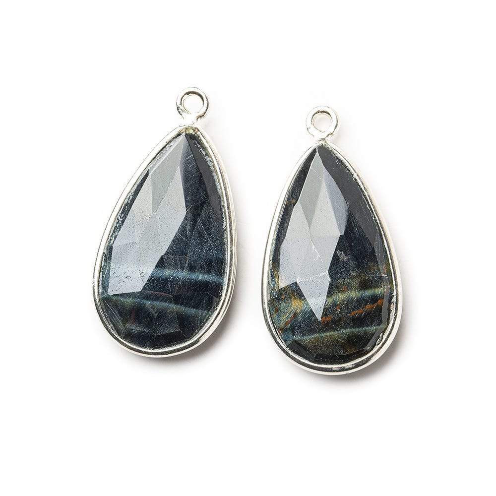 Sterling Silver Bezel Black Tiger's Eye Faceted Pear Set of 2 Pendants 23x13mm - Beadsofcambay.com