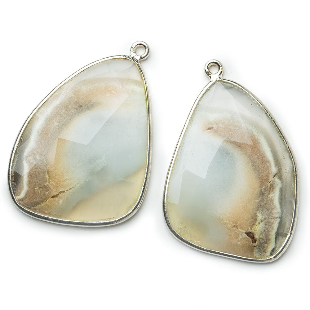 Sterling Silver Bezel Cream Agate Faceted Freeform Shape Set of 2 Pendants 32x25mm - Beadsofcambay.com