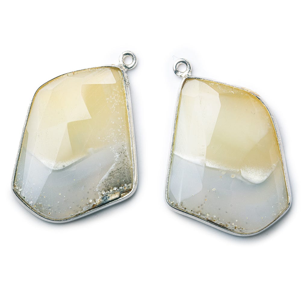 Sterling Silver Bezel Cream Agate Faceted Freeform Shape Set of 2 Pendants 33x26mm - Beadsofcambay.com