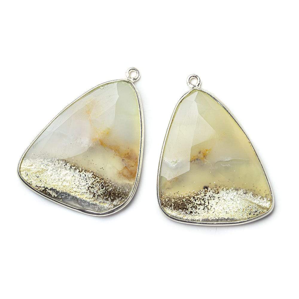 Sterling Silver Bezel Cream Agate Faceted Freeform Shape Set of 2 Pendants 34x28mm - Beadsofcambay.com