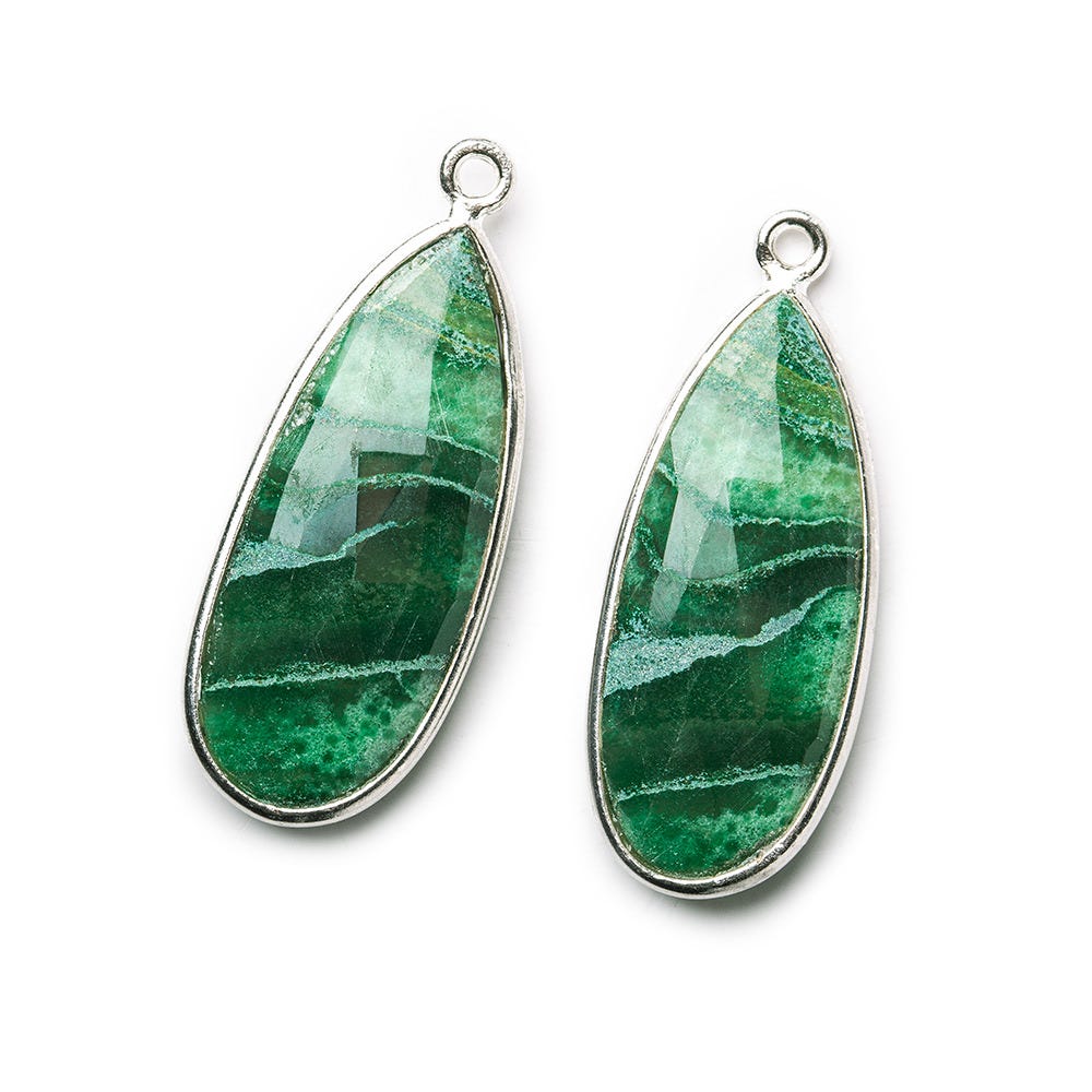 Sterling Silver Bezel Dyed Green Agate Elongated Faceted Pear Set of 2 Pendants 28x18mm - Beadsofcambay.com