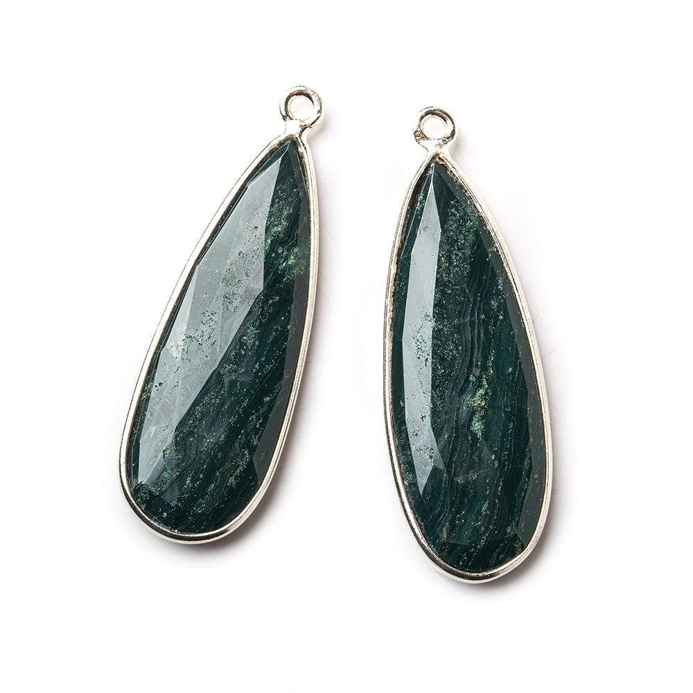 Sterling Silver Bezel Green Jasper Elongated Faceted Pear Set of 2 Pendants 33x12mm - Beadsofcambay.com