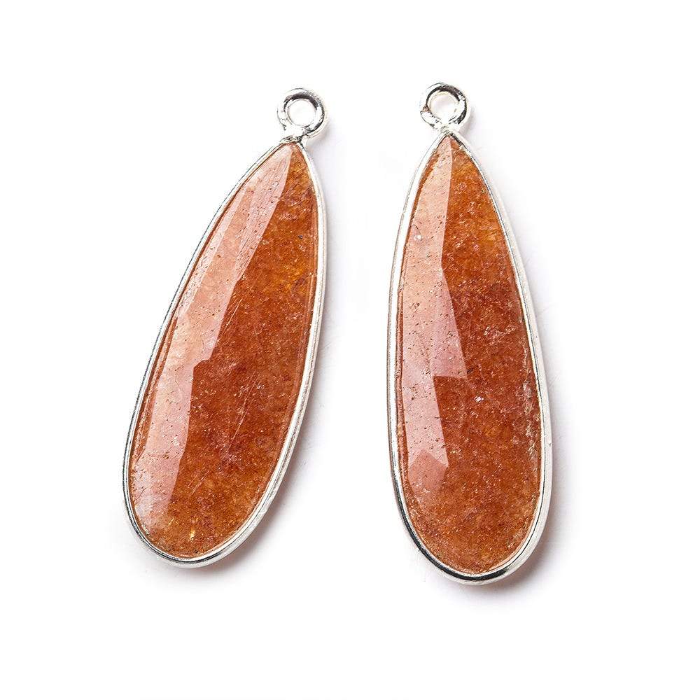 Sterling Silver Bezel Peach Blush Aventurine Elongated Faceted Pear Set of 2 Pendants 30x12mm - Beadsofcambay.com