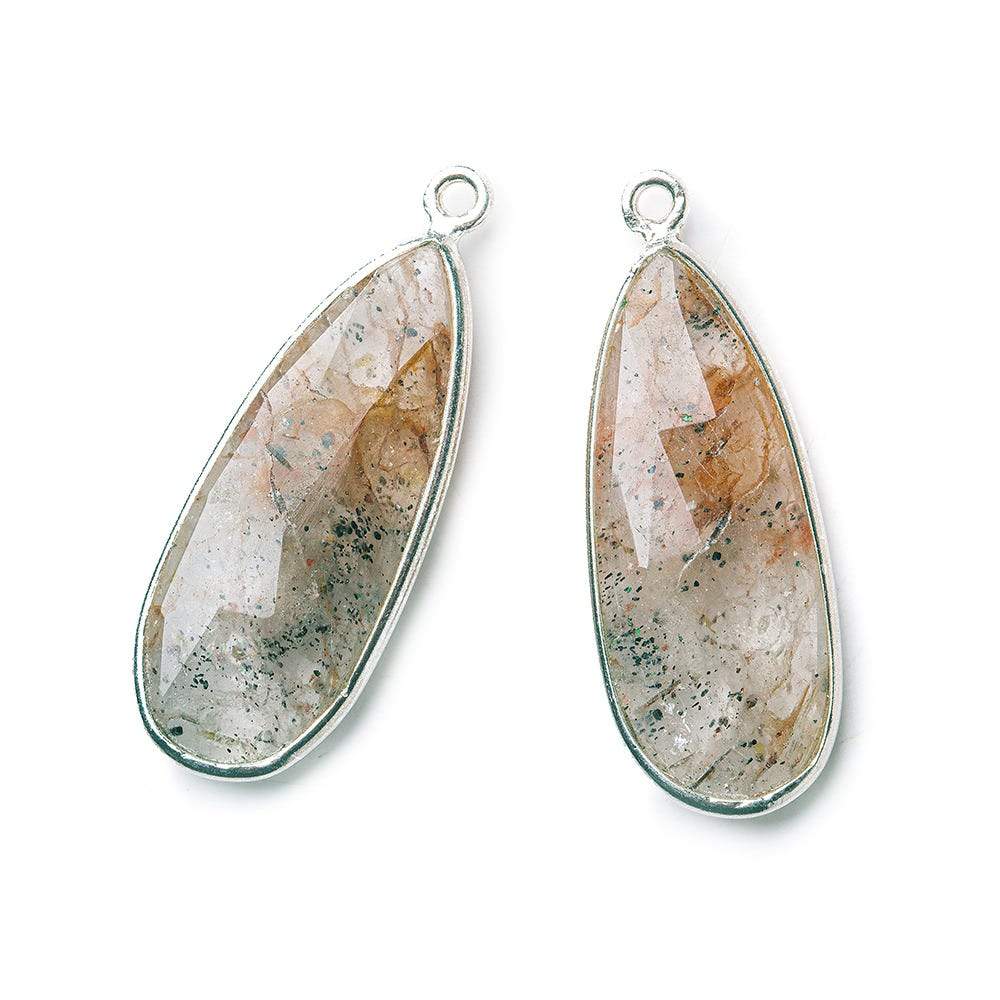 Sterling Silver Bezel Rutilated Quartz Elongated Faceted Pear Set of 2 Pendants 30x12mm - Beadsofcambay.com