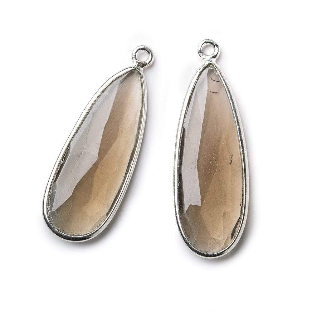 Sterling Silver Bezel Smoky Quartz Elongated Faceted Pear Set of 2 Pendants 30x12mm - Beadsofcambay.com