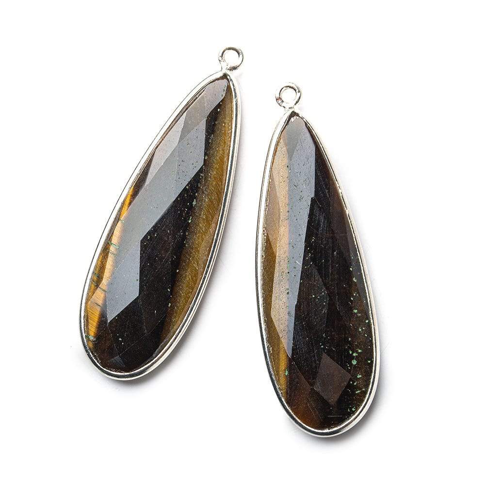 Sterling Silver Bezel Tiger's Eye Elongated Faceted Pear Set of 2 Pendants 43x15mm - Beadsofcambay.com
