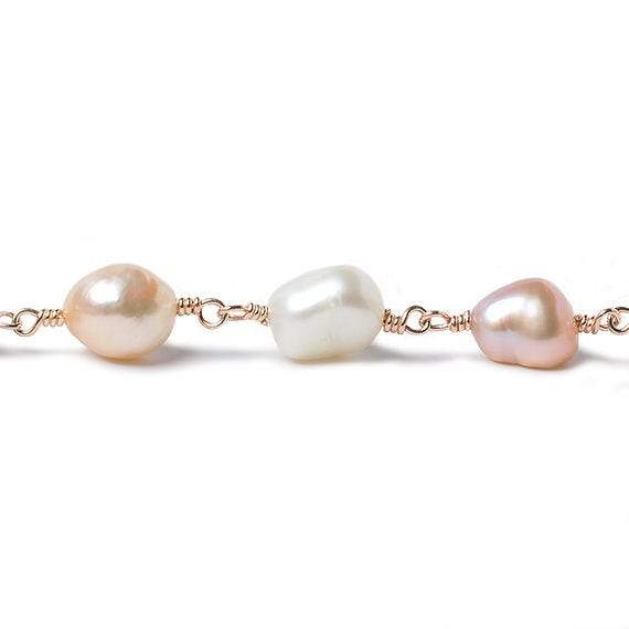TriColor Baroque Pearl Rose Gold plated Chain by the foot 19 pieces - Beadsofcambay.com
