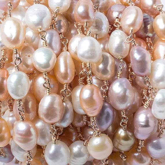 TriColor Baroque Pearl Rose Gold plated Chain by the foot 19 pieces - Beadsofcambay.com