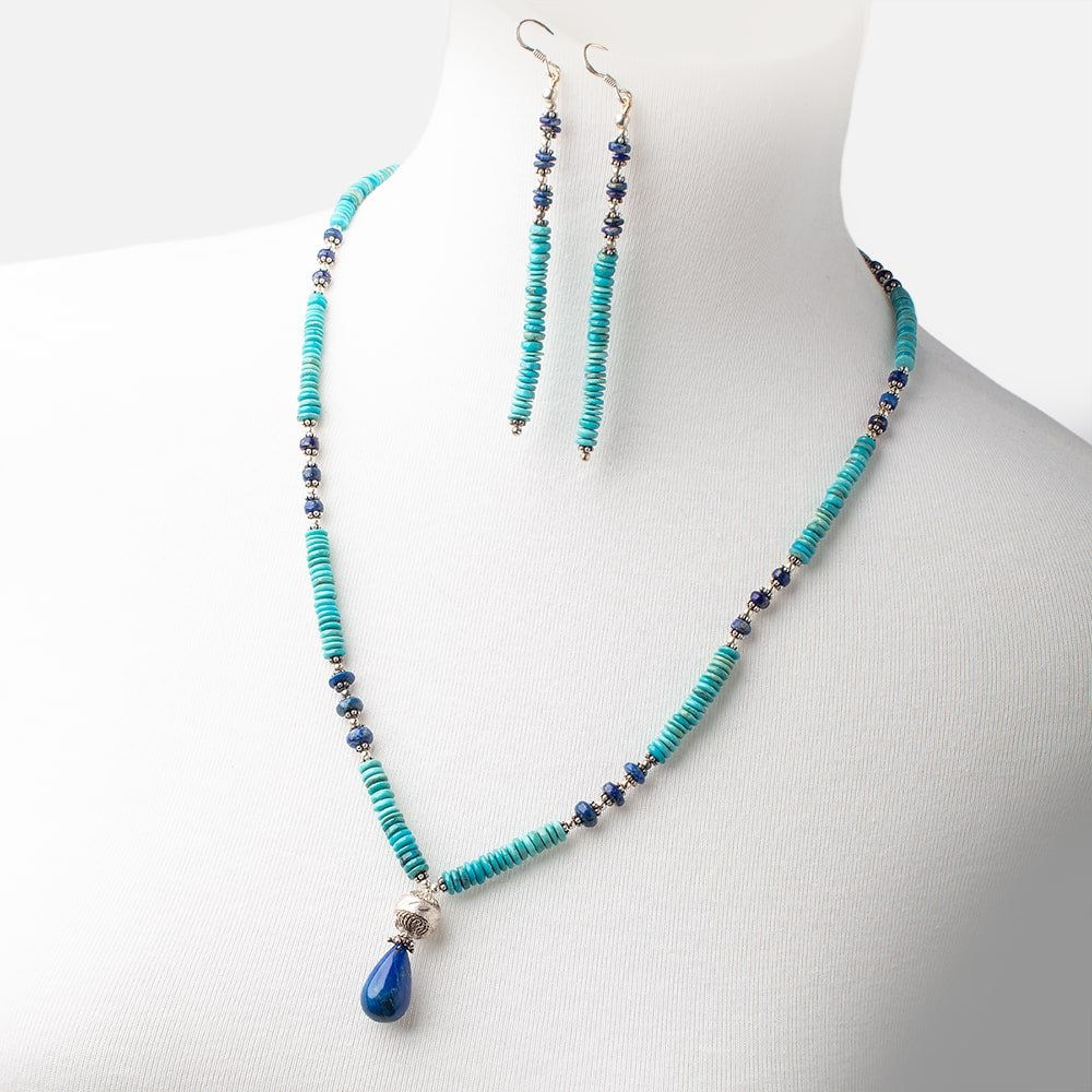 Turquoise and Lapis Lazuli Antiqued Silver Necklace and Earring Set - Beadsofcambay.com